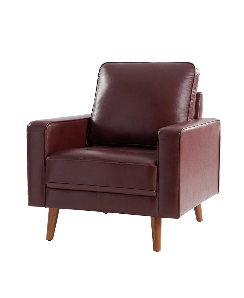 Mid-century Modern Elizabeth Genuine Leather Armchair with Wood Flared Legs