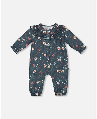 Deux par Baby Girls Printed Muslin Jumpsuit Teal With Flowers