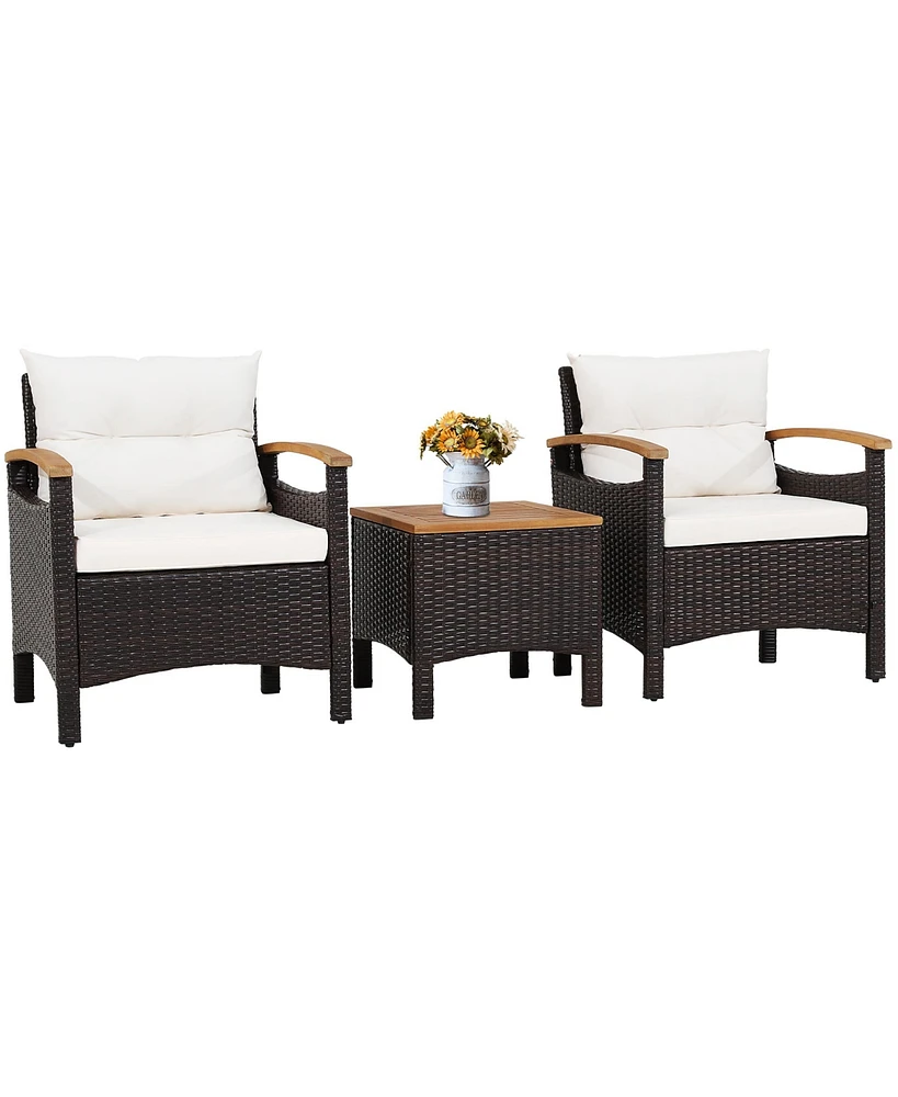 Gymax 3PCS Patio Pe Rattan Conversation Furniture Set Bistro Set Acacia Wood Tabletop