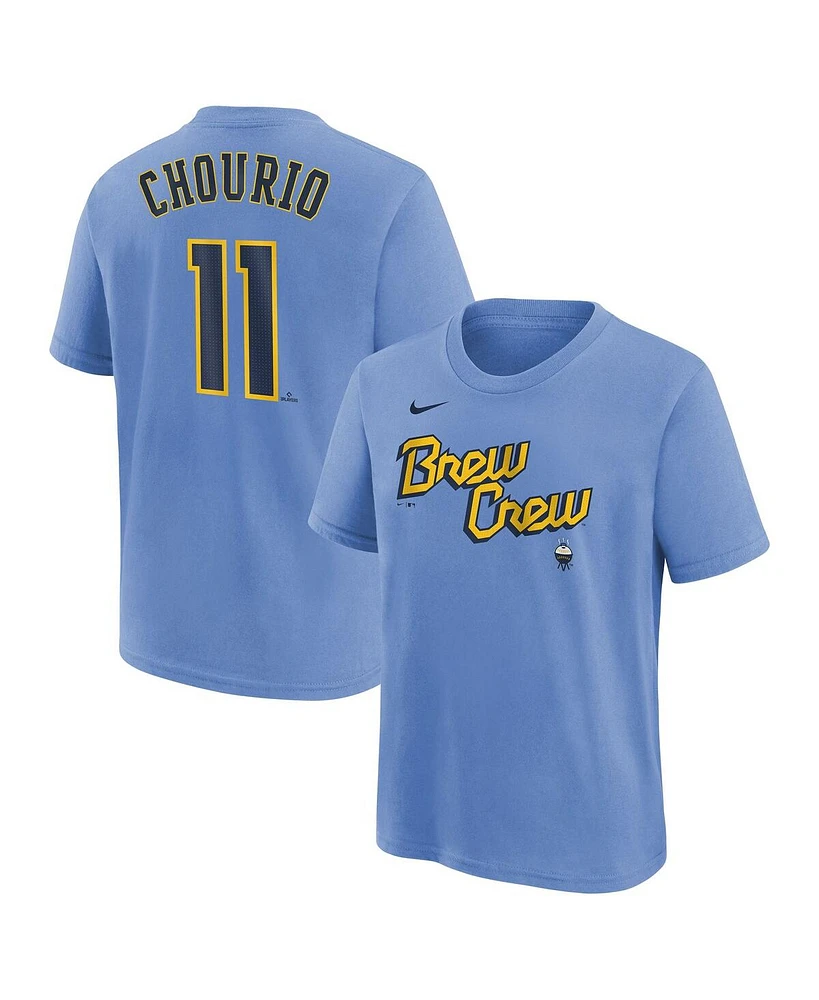 Nike Big Boys and Girls Jackson Chourio Powder Blue Milwaukee Brewers City Connect Player Name Number T-Shirt