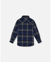 Deux par Toddler Boys Button Down Flannel Shirt With Pocket Plaid Navy And Gray - Toddler|Child