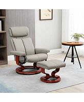 Homcom 360° Swivel Recliner Chair with Matching Ottoman and Wood Base, Grey