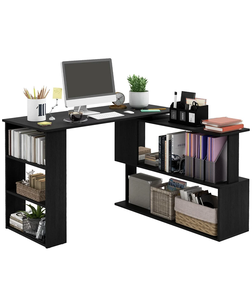 Homcom 360° Rotating Home Office Corner Desk and Storage Shelf Combo L-Shaped Table