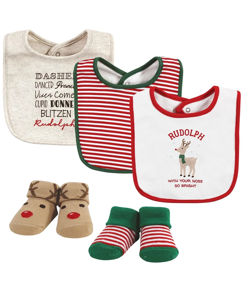 Hudson Baby Baby Boys Unisex Baby Cotton Bib and Sock Set, Rudolph, One