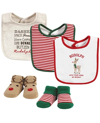 Hudson Baby Baby Boys Unisex Baby Cotton Bib and Sock Set, Rudolph, One