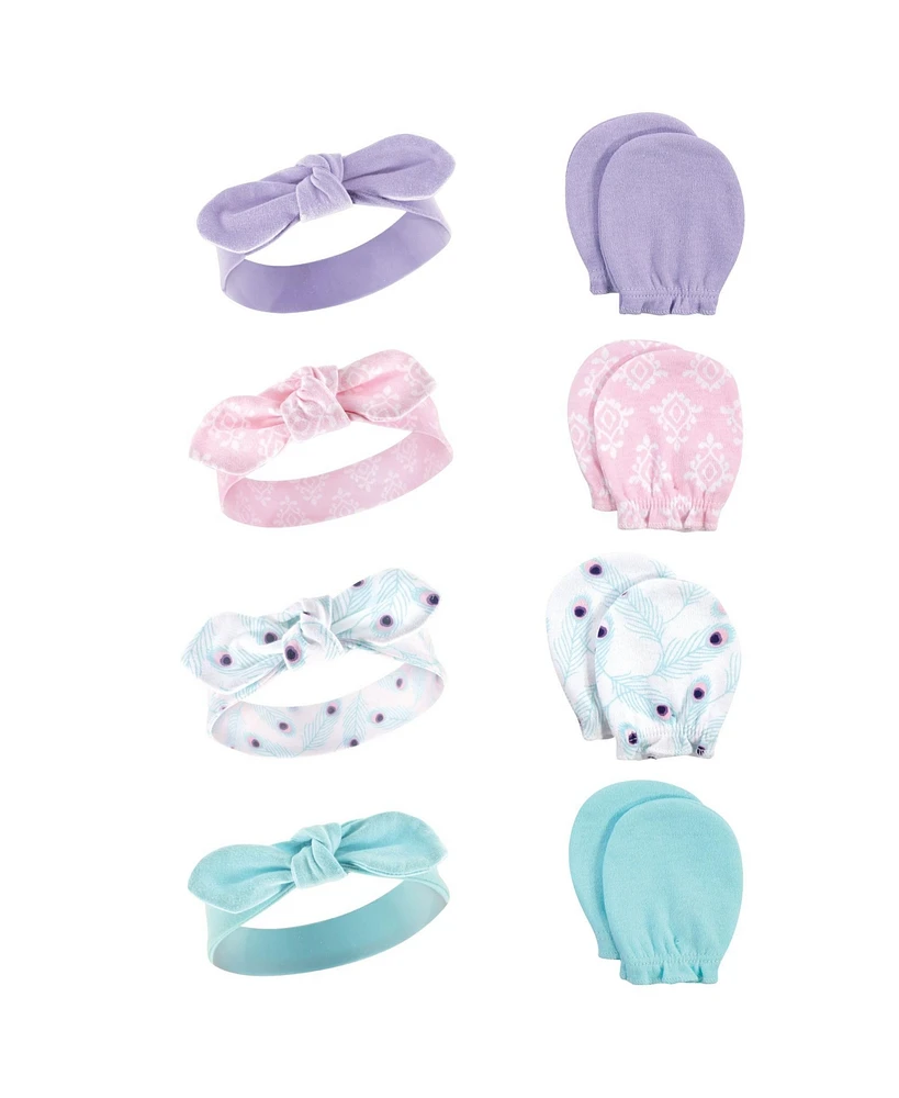 Hudson Baby Baby Girls Cotton Headband and Scratch Mitten Set, Peacock, 0-6 Months