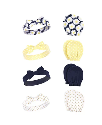 Hudson Baby Girls Cotton Headband and Scratch Mitten Set, Blue Toile, 0-6 Months