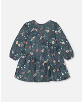 Deux par Baby Girls Long Sleeve Muslin Dress Teal Printed Flowers