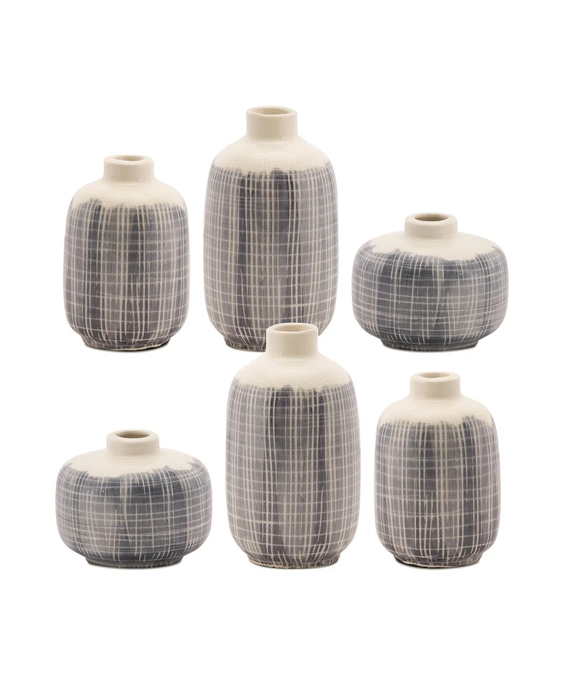 Slickblue Mini Terra Cotta Bud Vase With Navy Criss Cross Pattern (Set of 6)