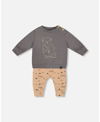 Deux par Baby Boys Organic Cotton Top With Printed Bears Pant Set Sand