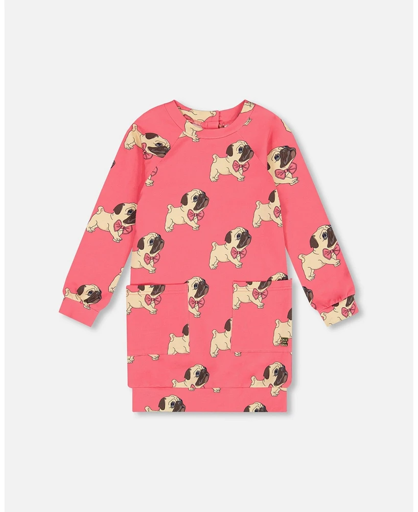 Deux par Toddler Girls Long Sleeve Fleece Dress With Pocket Magenta Printed Pug - Toddler|Child