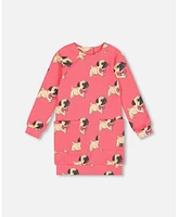 Deux par Toddler Girls Long Sleeve Fleece Dress With Pocket Magenta Printed Pug - Toddler|Child