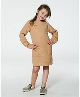 Deux par Little Girls Long Sleeve Shiny Quilted Dress With Pocket Golden Brown - Toddler|Child