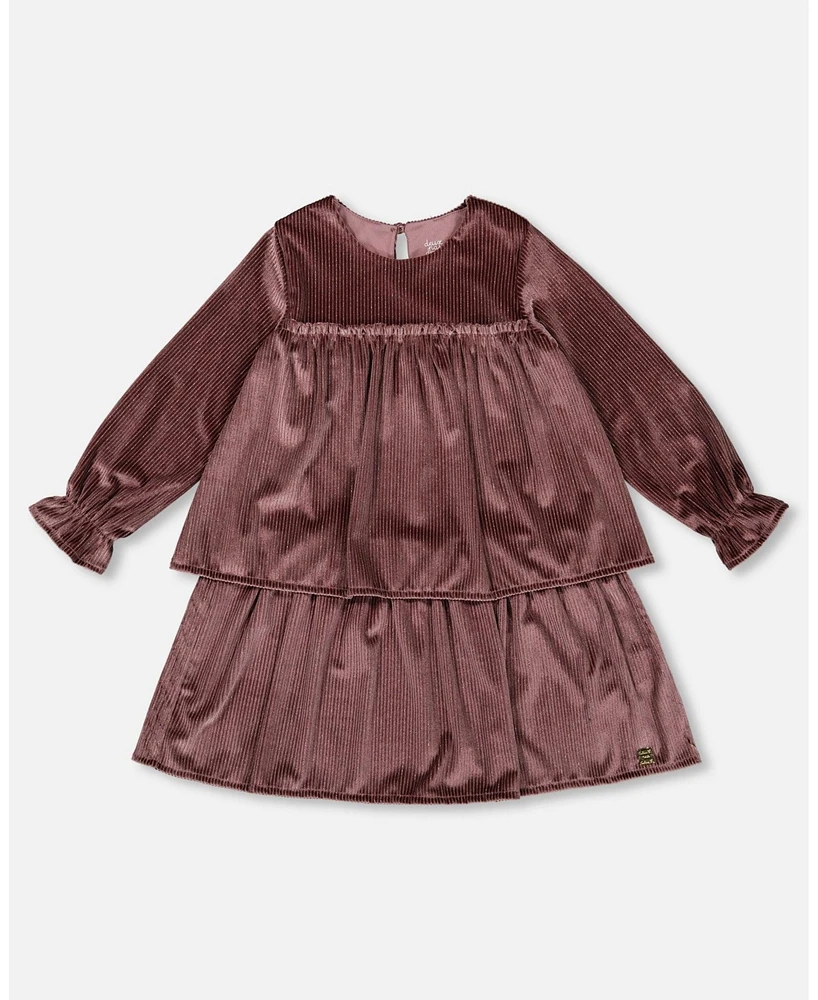 Deux par Little Girls Long Sleeve Metallic Dress With Frills Burgundy - Toddler|Child