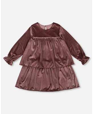 Deux par Little Girls Long Sleeve Metallic Dress With Frills Burgundy - Toddler|Child