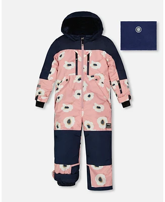 Deux par Big Girls One Piece Technical Snowsuit Pink Printed Off White Flowers