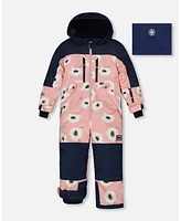 Deux par Big Girls One Piece Technical Snowsuit Pink Printed Off White Flowers