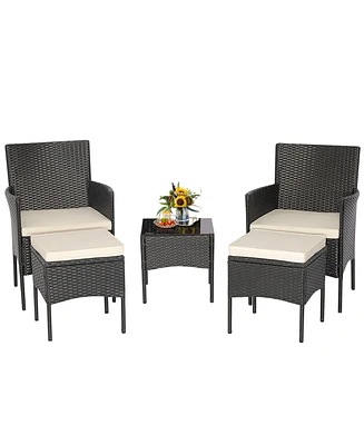 Gymax 5PCS Outdoor Rattan Wicker Sofa Set Patio Conversation Set w/ 2 Ottomans