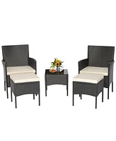 Gymax 5PCS Outdoor Rattan Wicker Sofa Set Patio Conversation Set w/ 2 Ottomans