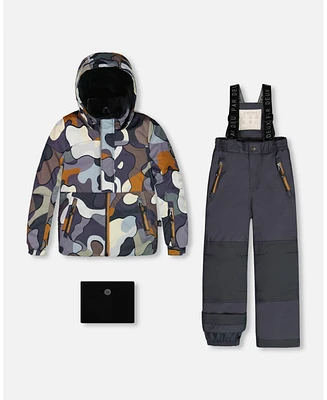 Deux par Toddler Boys Two Piece Snowsuit Solid Pant And Print Jacket Dark Gray Camo - Toddler|Child