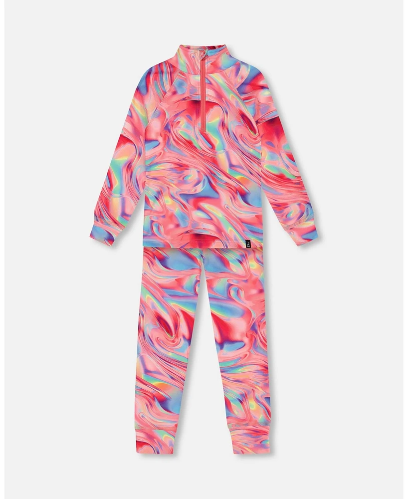 Deux par Big Girls Two Piece Thermal Underwear Set Printed Marble