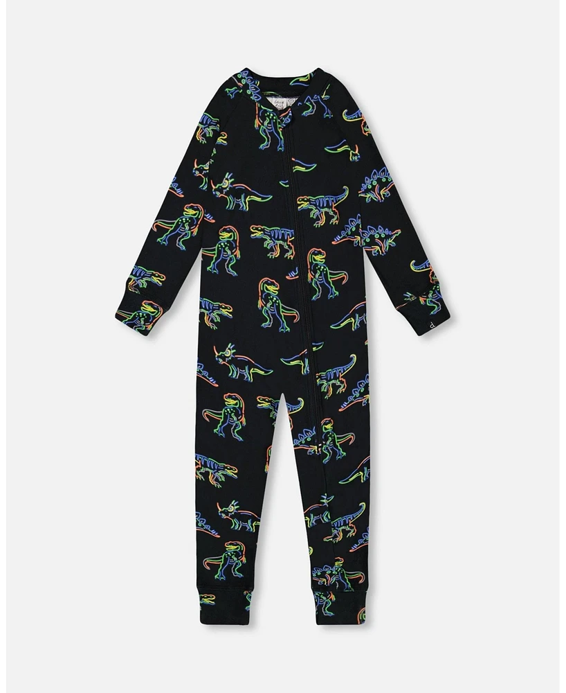 Deux par Toddler Boys One Piece Thermal Underwear Black Printed Neon Dino - Toddler|Child