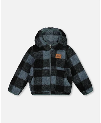 Deux par Big Boys Reversible Sherpa Jacket Blue And Black Plaid