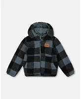 Deux par Big Boys Reversible Sherpa Jacket Blue And Black Plaid