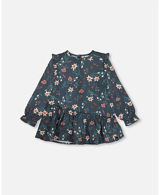 Deux par Big Girls Printed Muslin Long Top Teal With Flowers