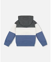 Deux par Toddler Boys Colorblock Hooded Fleece Sweatshirt Gray, White And Blue - Toddler|Child