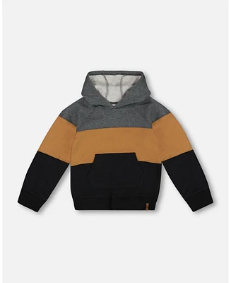 Deux par Toddler Boys Colorblock Hooded Fleece Sweatshirt Dark Gray, Caramel And Black - Toddler|Child