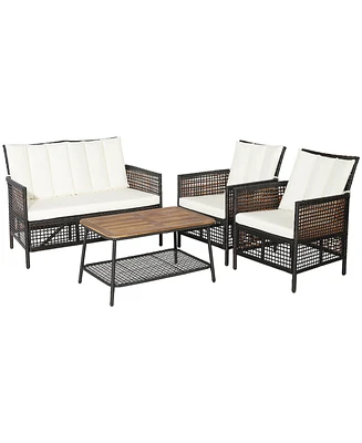 Gymax 4PCS Cushioned Patio Pe Wicker Conversation Furniture Set w/ Acacia Wood Tabletop