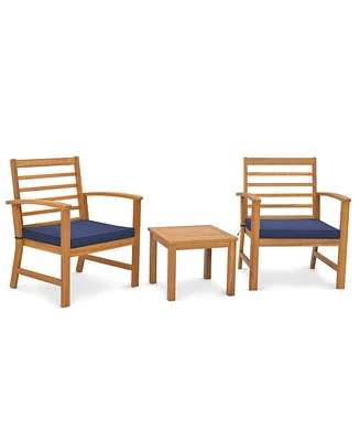 Gymax 3PCS Furniture Set Acacia Wood Conversation Set w/ Soft Seat Cushions Outdoor