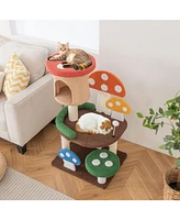 Slickblue 4-In-1 Mushroom Cat Tree with Condo Spring Ball and Sisal Posts-Multicolor