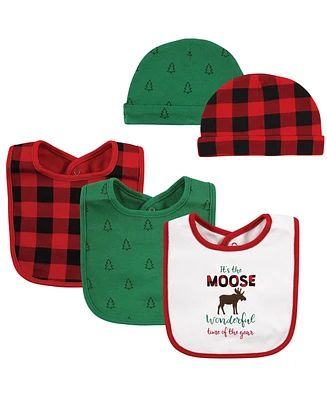 Hudson Baby Baby Boys Unisex Baby Cotton Bib and Headband or Caps Set, Moose Wonderful Time, One