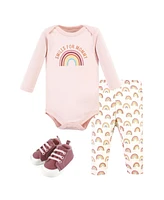 Hudson Baby Girls Cotton Long-Sleeve Bodysuit, Pant and Shoe Set, Sunshine Rainbows, 9-12 Months