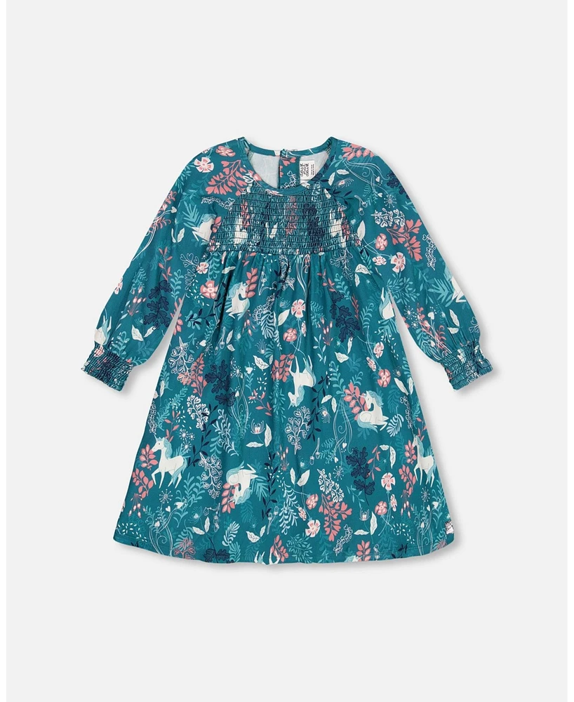 Deux par Toddler Girls Puffy Long Sleeve Viscose Dress Turquoise Printed Fairy Unicorn - Toddler|Child