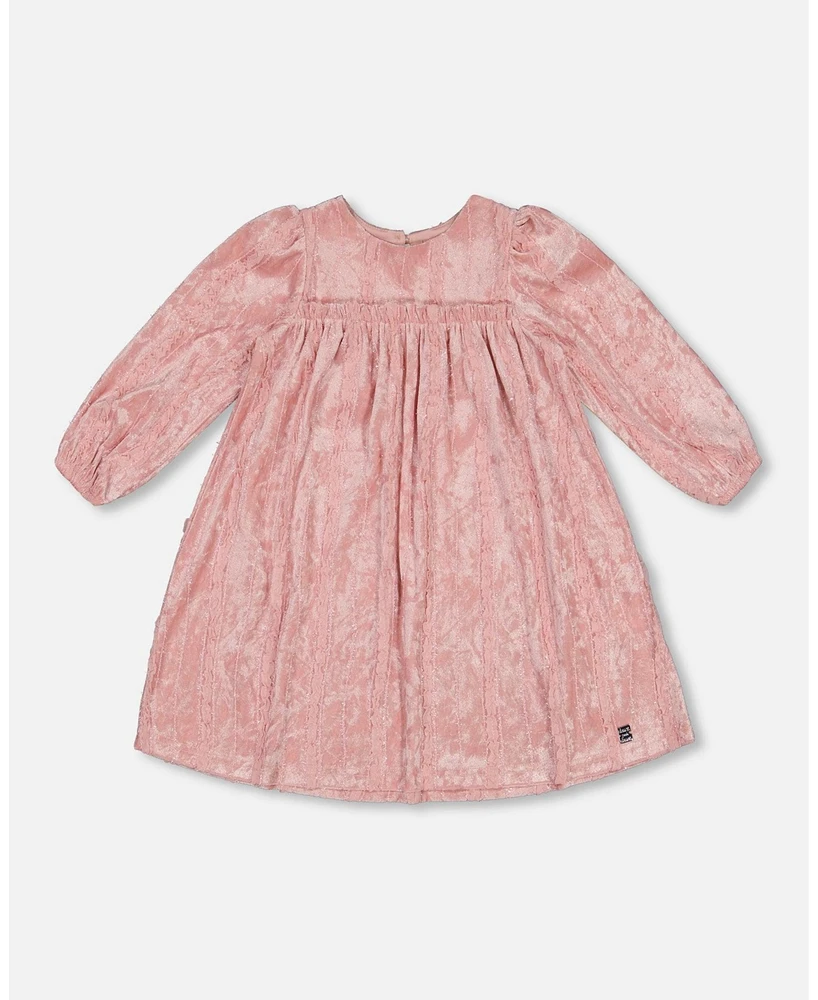 Deux par Little Girls Long Sleeve Velvet Dress With Frills Light Pink - Toddler|Child