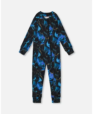 Deux par Toddler Boys One Piece Thermal Underwear Black Printed Storm