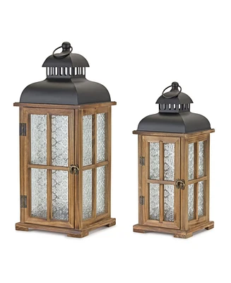 Slickblue Natural Wood Lantern With Ornate Frosted Glass (Set of 2)