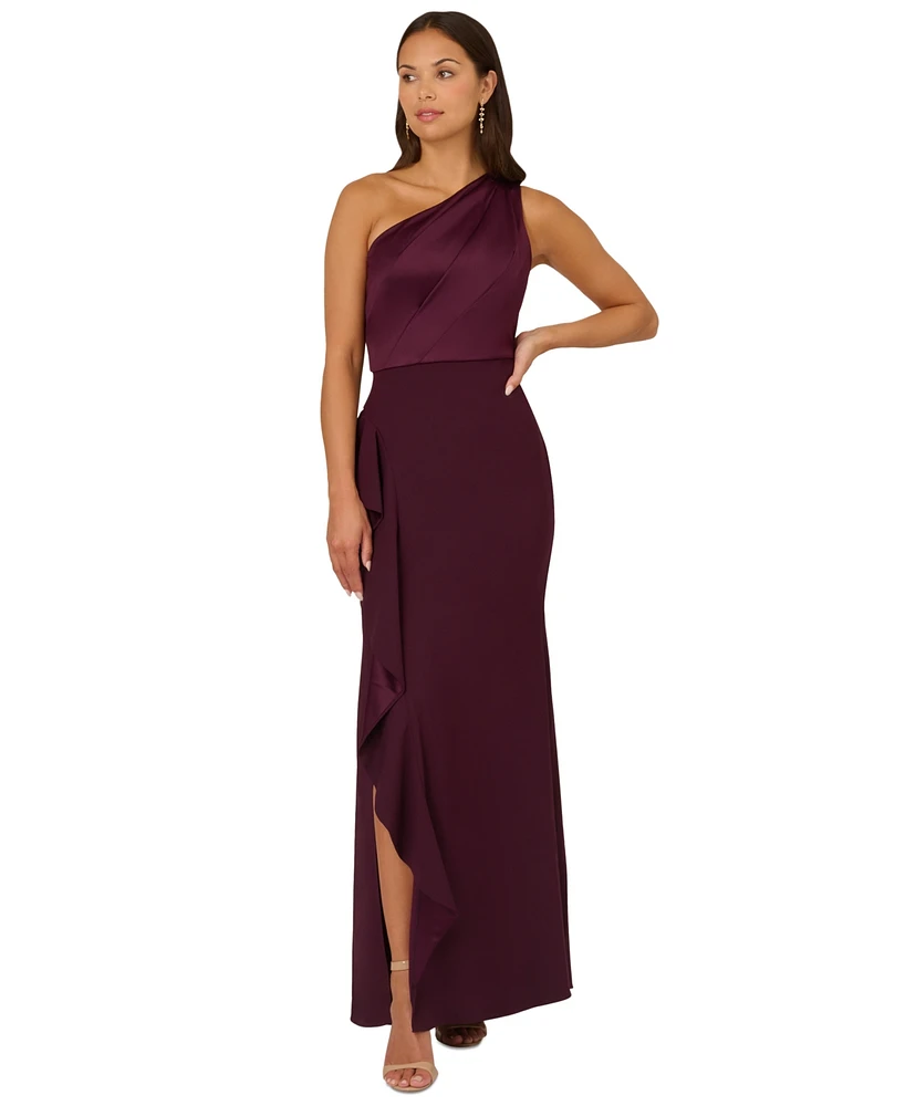 Adrianna Papell One-Shoulder Satin-Trim Draped Gown