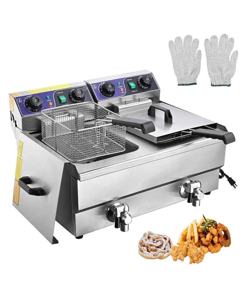 Commercial Electric 23.4L Deep Fryer Dual Tank w/ Timer and Drain Reset Button French Fry