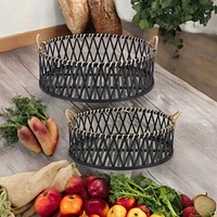 Slickblue Round Woven Wicker Trays With Rattan Handle Accent (Set of 2)