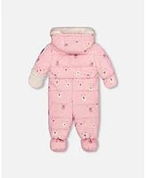 Deux par Baby Girls One Piece Snowsuit Pink Bears Designed For Car Seat