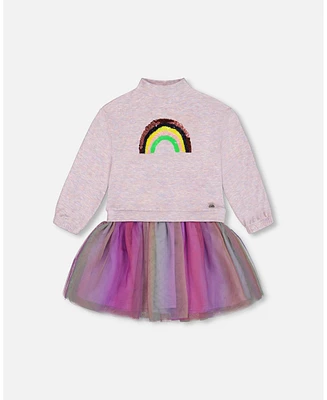 Deux par Deux Toddler Girls Super Soft Sweatshirt Dress With Rainbow Tulle Skirt - Toddler|Child