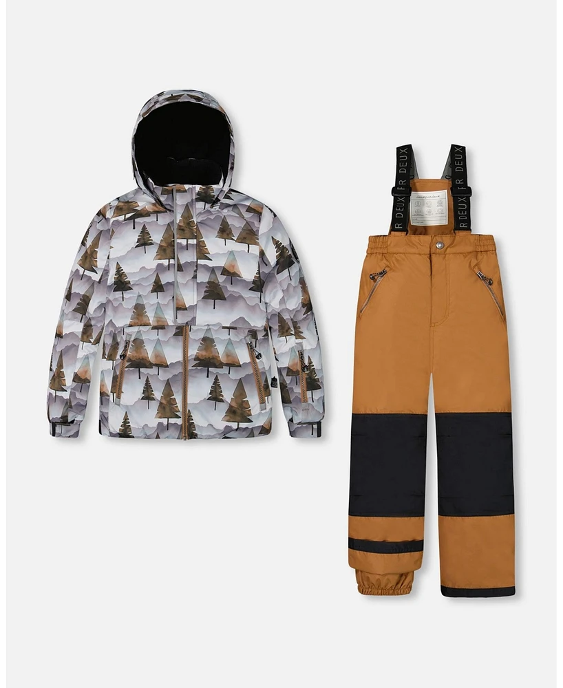 Deux par Big Boys Two Piece Snowsuit Grey Landscape Printed Brown Trees And