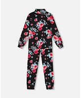 Deux par Girl Two Piece Thermal Underwear Set Black Printed Roses - Child