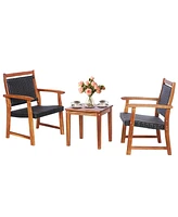 Gymax 3PCS Patio Acacia Wood Rattan Bistro Set Outdoor Conversation Furniture Set