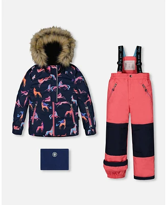 Deux par Toddler Girls Two Piece Snowsuit Navy Printed Unicorns And Coral - Toddler|Child