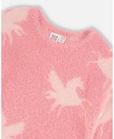 Deux par Toddler Girls Jacquard Unicorn Sweater Hairy Knit Pink - Toddler|Child